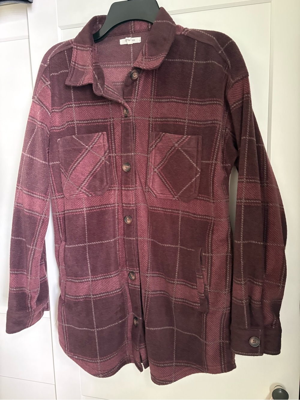Maurice’s Oversized Burgundy Plaid Button-Up Shacket